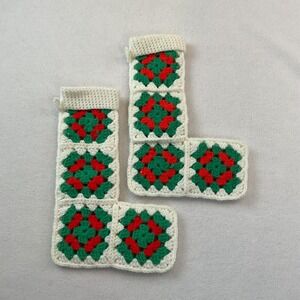 Granny Square Christmas Stockings Set Of 2 Red Green White Handmade Holiday